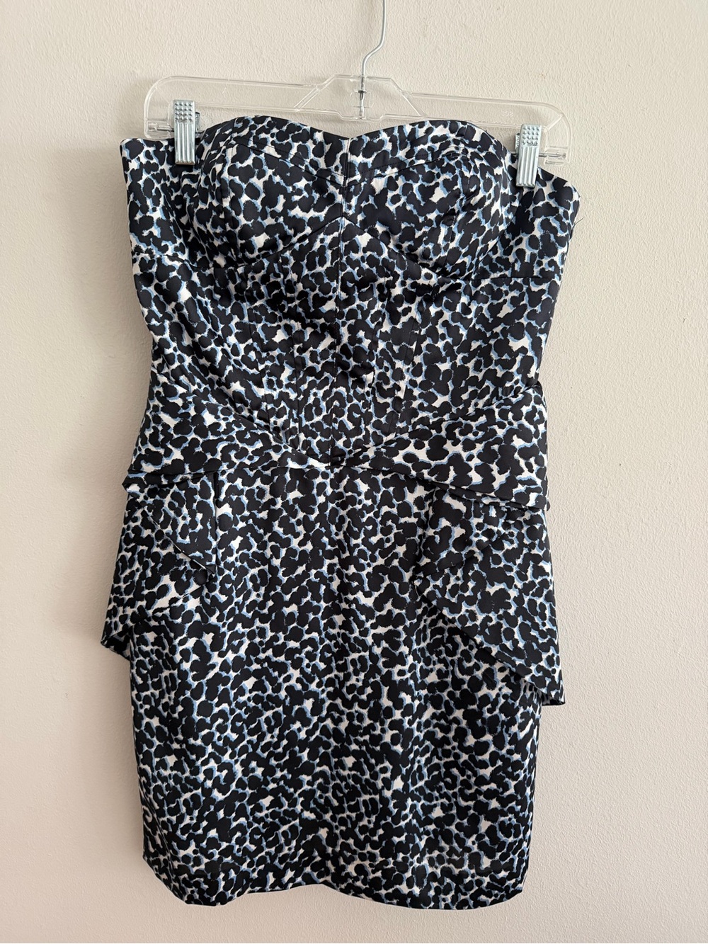 BCBGeneration Black, white, blue Strapless Peplum Animal-Print Dress chic style